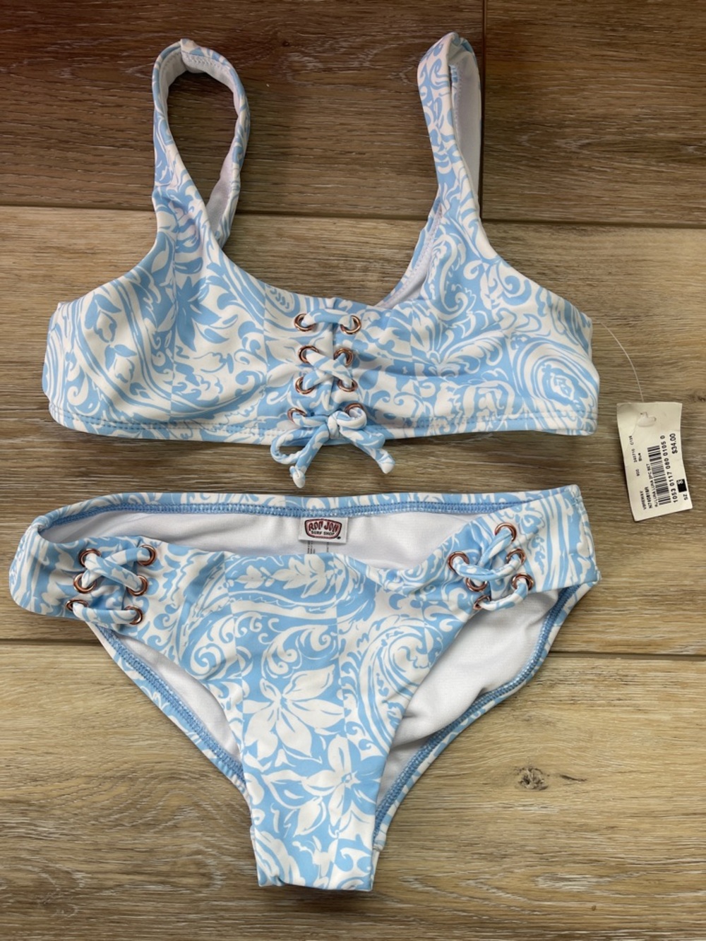 Girls Ron Jon Blue and White Lace-Up Two-Piece Bikini Set